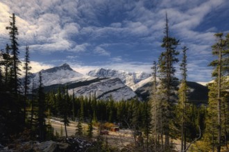 Beautiful autumn landscape scene in mountain in background in Jasper National Park west Canada