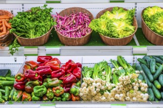 Fruits and vegetables on a supermarket shelf