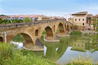Puente de la Reina in Saint James Way bridge over Arga River in Pamplona
