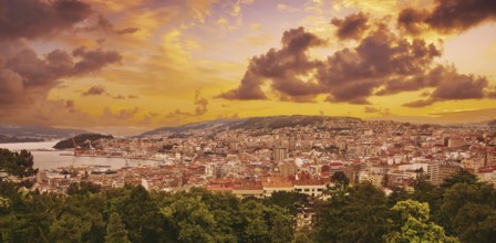 Vigo skyline and port sunset in Galicia of Spain