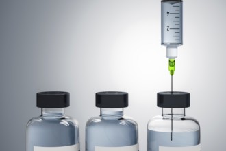 A syringe and three bottles of medicine 3D illustration