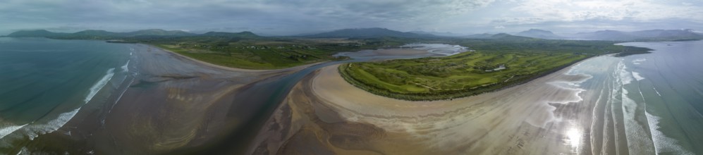 Ballinskelligs Bay, sandy beach and River Rinny, Waterville, Ring of Kerry, drone shot, Kerry,