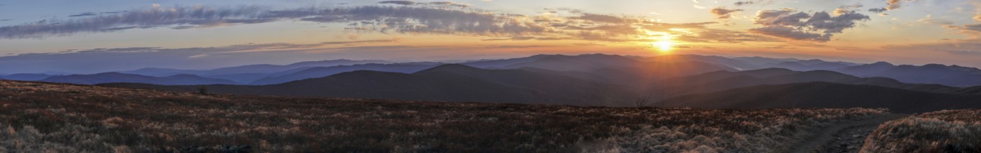 Scenic panorama of sunset over Ukrainian landscape from borders with Slovakia