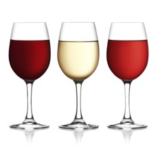 Glass of red, pink and white wine on a white background and with soft shadow. The file includes a