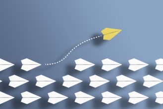 paper planes in a row on blue background and one paper glider going in different direction,