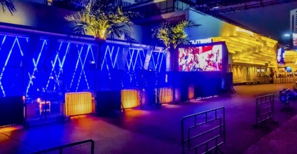 Nightlife and colorful lights at Route 66 Bar in Bangkok Thailand