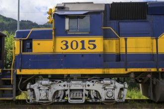 Close-up of a blue and yellow locomotive of the Alaska Railway with the number 3015, Alaska