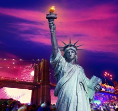 Liberty Statue and Brooklyn bridge on july 4 th fireworks New York America photomount