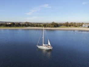 Aerial view of small sail boats in the Mission Bay of San Diego, California, USA. Small sailing