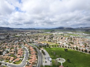 Aerial view of small town Hemet in the San Jacinto Valley in Riverside County, California, USA,