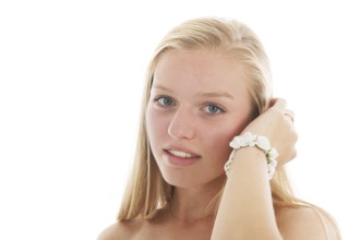Studio portrait blond teen girl