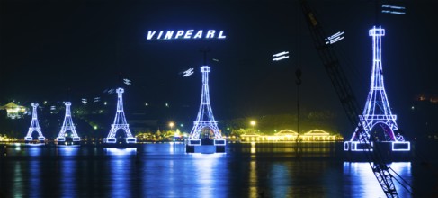 NHA TRANG, VIETNAM - JANUARY 4, 2016: A night view at illuminated supports of cableway to Vinpearl,