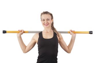 Athletic young woman with pole isolated on white