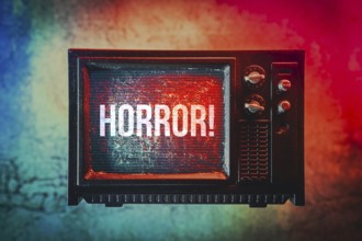 Miniature television set labelled Horror, photomontage