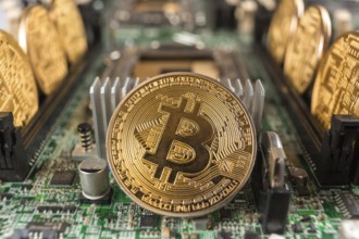 Bitcoin close-up on a computer circuit motherboard as a blockchain technology payment network.