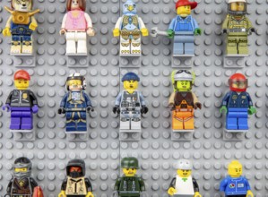 Nova Bana, Slovakia, November, 5, 2023 : Lego mini figures on the wall. LEGO® Minifigures on Lego