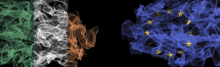 Flags of Ireland and EU on Black background, Ireland vs Europe Union Smoke Flags