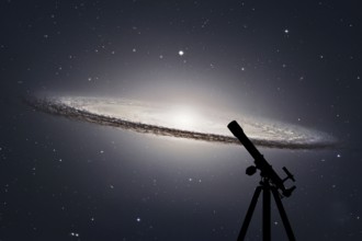 Space background with silhouette of telescope. Sombrero Galaxy M104 in constellation Virgo.