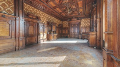 Historic interior with elaborate wood panelling and ceiling carvings, Villa Woodstock, Lost Place,