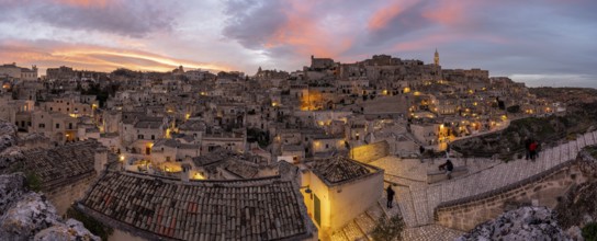 Panorama of the historic centre of Matera in southern Italy after sunset