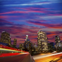 Downtown LA night Los Angeles sunset skyline California from 110 freeway