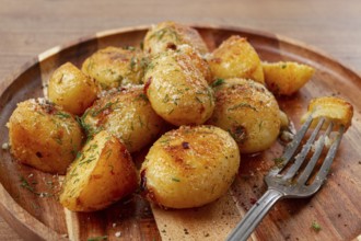 Half-eaten fried new potatoes, with butter and dill, on a wooden plate, with a fork, at home,