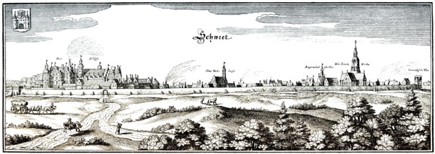 Panoramic view Schwedt / Oder, 17th century, Uckermark, Brandenburg, Germany, Europe, Historische