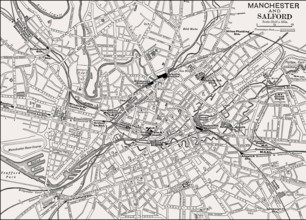 Map of Manchester and Salford, England, UK, 19th century