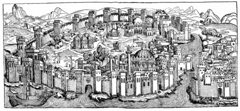 Panoramic view of Konstantinopel, Istanbul, Turkey, Europe, Historische Zeichnung, Stadtansicht aus