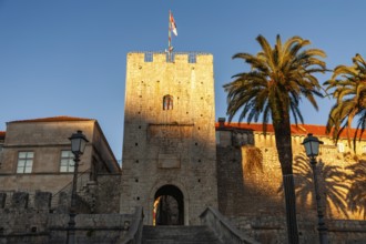 Stairs and medieval town gate leading into the old town centre of Korcula, Korcula, Dalmatia,