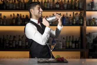 Cool professional bartender making a cocktail, shaking a cocktail shaker. Authentic barman making