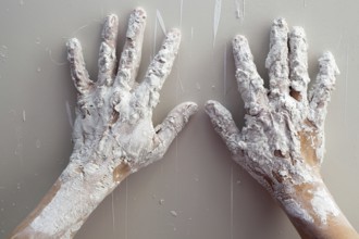 Artist plastering man hands with white dried cracked plaster texture in fingers