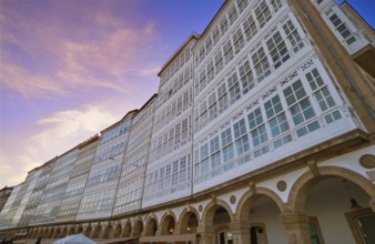 La Coruna facades near Port in Galicia of Spain