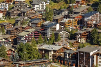 Zermatt, Switzerland, October 7, 2019: Town aerial view in famous swiss ski resort, colorful