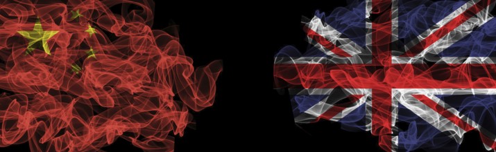 Flags of China and United Kingdom on Black background, China vs United Kingdom Smoke Flags