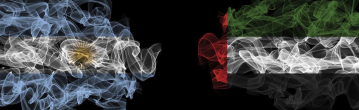 Flags of Argentina and UAE on Black background, Argentina vs United Arab Emirates Smoke Flags