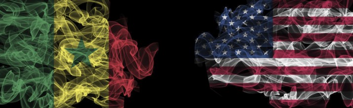 Flags of Senegal and USA on Black background, Senegal vs USA Smoke Flags
