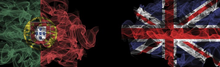 Flags of Portugal and United Kingdom on Black background, Portugal vs United Kingdom Smoke Flags