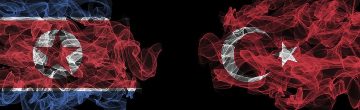 Flags of North Korea and Turkey on Black background, North Korea vs Turkey Smoke Flags