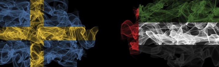 Flags of Sweden and UAE on Black background, Sweden vs United Arab Emirates Smoke Flags