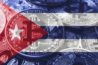 Cuba bitcoin flag, national flag cryptocurrency concept black background
