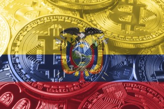 Ecuador bitcoin flag, national flag cryptocurrency concept black background