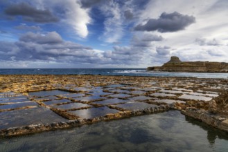 A view of the salt pans in Xwejni Bay on the Maltese island of Gozo