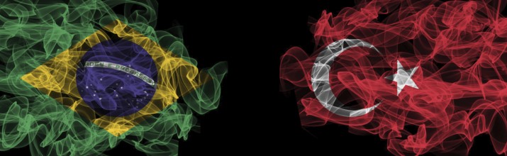 Flags of Brazil and Turkey on Black background, Brazil vs Turkey Smoke Flags