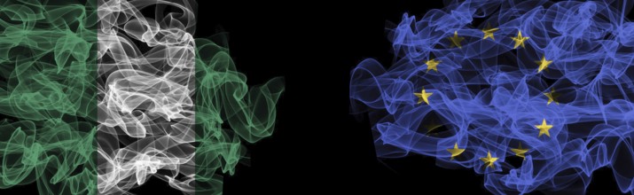 Flags of Nigeria and EU on Black background, Nigeria vs Europe Union Smoke Flags