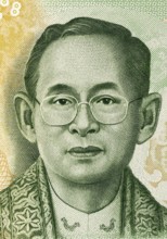 King Rama IX (born 1927) on 20 Baht 2013 Banknote from Thailand. King of Thailand