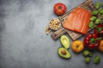 Fresh raw salmon fillet on wooden cutting board, organic bio vegetables and nuts on rustic stone