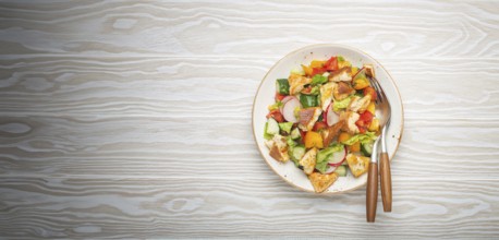 Traditional Levant dish Fattoush salad, Arab cuisine, with pita bread croutons, vegetables, herbs.