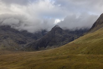 Clouds on the mountainsides, Fairy Pools, Black Cuillin Mountains, Isle of Skye, Hebrides,