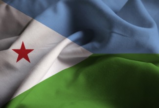 Closeup of Ruffled Djibouti Flag, Djibouti Flag Blowing in Wind